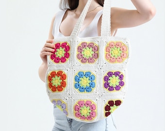 Crochet Bag, Ivory Large Tote Bag, Granny Square Bag, Gift For Birthday, Bohemian Style Bag, Bag For Woman, Women Shoulder Bag, Vintage Bag