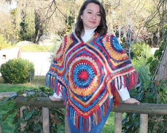 Crochet ponchos, Lightweight Sweater, Knit V-Neck Fringe Ponchos, Boho Poncho, Gift For Her, Colorful Sweater, Ombre Crochet Poncho Fringe