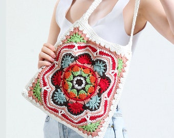 Crochet Cotton bag, Shoulder Bag, Vintage boho bag, Bohemian hobo bag, Crossbody tote bag, Gift for birthday, Festival Bag, Woman Tote Purse