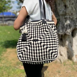 Black and White Crochet Bag, Boho Bag, Vintage Bag, Bag for Woman, Gift For Her, Large CrochetTote Bag, Black Bag, Shoulder Bag, Hobo Bag image 1