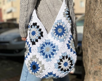 Crochet shoulder bag, Granny square bag, Personalized Birthday Gift, Sunflower vintage bag, colourful fashion woman purse, Gift For Her