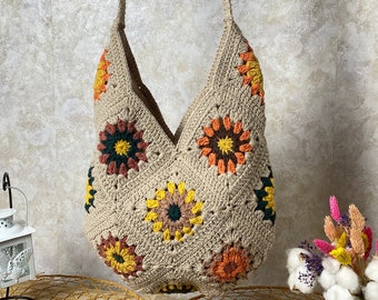 Sac à bandoulière au crochet, sac carré de grand-mère, cadeau pour anniversaire, sac à main de style bohème, sac vintage tournesol, sac afghan, sac à main cadeau pour femme