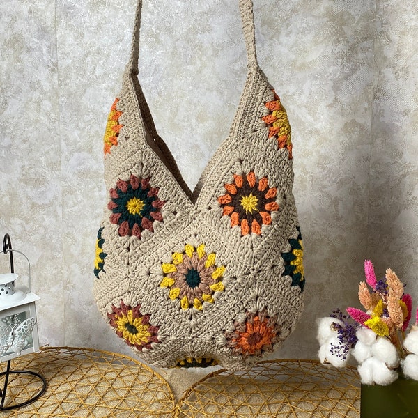 Gehäkelte Umhängetasche, Oma quadratische Tasche, Geschenk für Geburtstag, Handtasche im Boho-Stil, Sonnenblume Vintage Tasche, afghanische Tasche, Geschenk für Frau Geldbörse