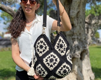 Black And White Bag, Granny Square Crochet Bag, Crochet tote Large Bag,Knitted  Cotton Bag, Festival Bag, Vintage Style Bag, Gift For Women