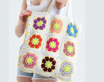 Crochet Tote Large Bag, Crochet Beach Bag, Granny Square Bag, Bohemian Style Bag, Hippie Bag, Gift for Her, Boho Bag, Vintage Style Bag