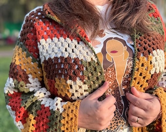 Handmade Crochet Granny Square Cardigan, Boho Patchwork Jacket, Gift For Mom