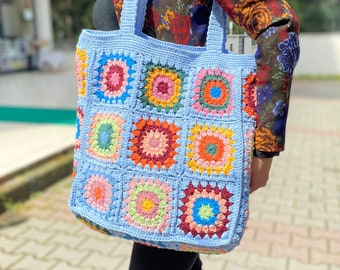 Grand sac au crochet, cadeau pour maman, sac carré grand-mère, sac fourre-tout afghan, cadeau pour elle, sac à main pour femme, sac fourre-tout au crochet, sac d'usage quotidien