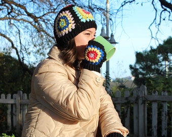 Crochet Winter Accesory, Knitted Beanie and Gloves, Gift For Woman, Granny Square Beanie Set, Handmade Crochet Accessory, Multicolor collar