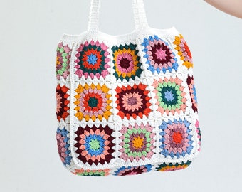 Crochet Tote Large Bag, Crochet Beach Bag, Granny Square Bag, Bohemian Style Bag, Hippie Bag, Gift for Her, Boho Bag, Vintage Style Bag
