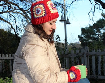 Crochet Winter Accesory, Knitted Beanie and Gloves, Gift For Woman, Granny Square Beanie Set, Handmade Crochet Accessory, Multicolor collar