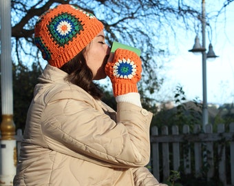 Accessoires d’hiver au crochet, bonnet et gants tricotés, cadeau pour femme, ensemble de bonnets carrés grand-mère, accessoire au crochet fait à la main, collier multicolore