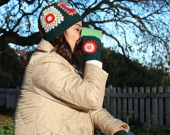 Accessoires d’hiver au crochet, bonnet et gants tricotés, cadeau pour femme, ensemble de bonnets carrés grand-mère, accessoire au crochet fait à la main, collier multicolore