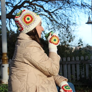 Accesorio de invierno de ganchillo, Gorro de punto y guantes, Regalo para mujer, Conjunto de gorros cuadrados de la abuela, Accesorio de ganchillo hecho a mano, Cuello multicolor
