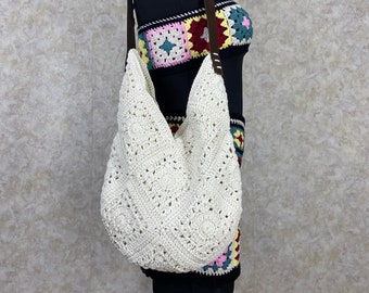 Crochet shoulder Ivory bag, Granny square bag, Bohemian style purse, Gift for Her, Vintage bag, Ivory fashion woman purse, Gift For Birthday