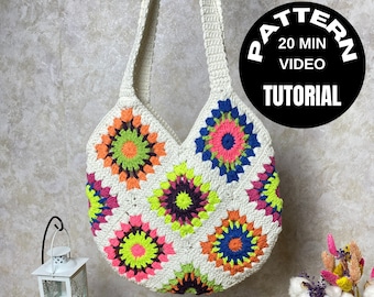 Crochet Bag Pattern, Granny Square Bag PDF, Pattern Tutorial Video,  Sunflower Vintage Pattern, Begginer Level Pattern, Printable PDF-Video