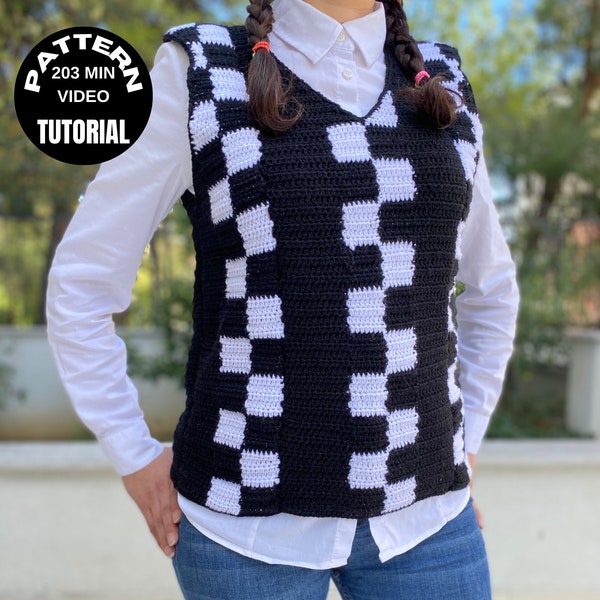 Wednesday Vest Pattern, Crochet Sweater PDF tutorial video pattern,Plaid Crochet Vest of Addams, Wednesday Black and White Blocked Sweater