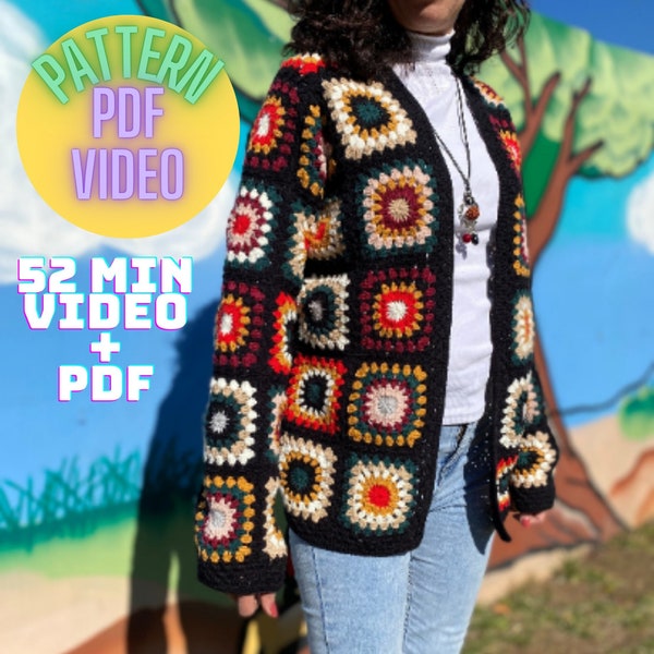 Modèle de cardigan au crochet, pull femme PDF, modèle de cardigan à motif afghan, pull de style Boho PDF, pull Hodeed, modèle vidéo PDF