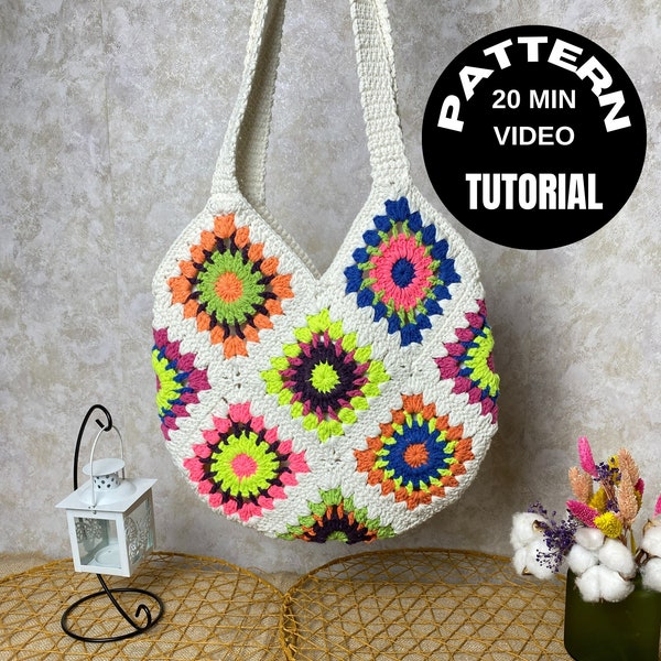 Crochet Bag Pattern, Granny Square Bag PDF, Pattern Tutorial Video,  Sunflower Vintage Pattern, Begginer Level Pattern, Printable PDF-Video