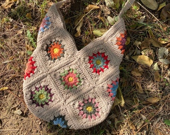 Borsa all'uncinetto, borsa quadrata della nonna, borsa all'uncinetto, borsa tote all'uncinetto, borsa retrò, borsa hippie, regalo per lei, borsa Boho, stile vintage, borsa per le donne