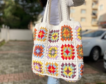 Crochet Bag, Crochet Purse,Granny Square Woman Bag, Crochet tote Bag, Retro Bag, Hippie Bag, Gift for Her, Boho Bag, Vintage Style Bag