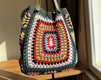 Crochet Granny square bag, Gift for mom, Sunflower Large bag, Afghan Tote Bag, Gift for her, Woman purse, Crochet Tote Shoulder Bag