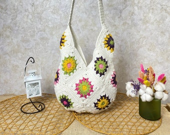 Crochet shoulder bag, Granny square bag, Bohemian style purse, Gift for mother, Sunflower vintage bag, Afghan Bag, Gift for her, Woman purse