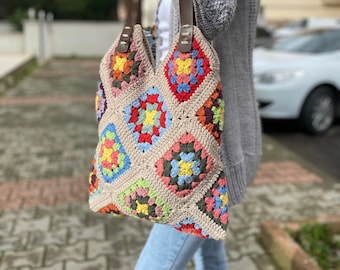 Granny Square Bag, Crochet Bag, Shoulder Women Purse, Large Women Handmade Bag, Gift For Her Birthday, Bohemian Style, Vintage Bag, Hippie