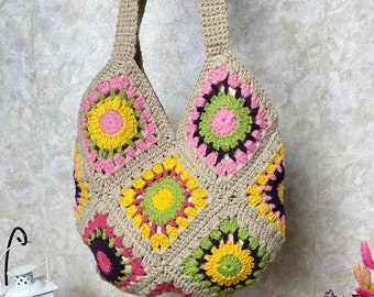 Granny Square Bag, Woman Purse, Crochet Bag, Gift For Birthday, Boho bag, Hobo Bag, Bohemian Women's Bag, Sun Flower Bag, Handmade Bag, Gift