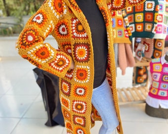 Crochet Cardigan, Woman Sweater, Womens Coat, Winter Chunky knit Cardigan, Afghan Pattern Cardigan. Boho Style Sweater. Hodeed Sweater