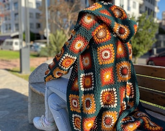 Colorful Crochet Sweater, Colorful Wool Cardigan,Afghan Granny Square Cardigan, Winter Chunky knit Cardigan, Boho Style Sweater, Hooded