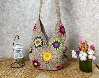 Boho bag, Hobo Bag, Crochet Shoulder Bag, Woman Purse, Granny Square Bag, Gift For Birthday, Bohemian  Bag, Sun Flower Bag, Handmade Bag