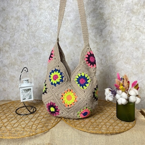Boho bag, Hobo Bag, Crochet Shoulder Bag, Woman Purse, Granny Square Bag, Gift For Birthday, Bohemian  Bag, Sun Flower Bag, Handmade Bag