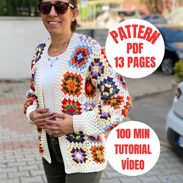 Padrão de Cardigã de Crochê, Suéter Branco Feminino em PDF, Padrão de Cardigã Estilo Manta, Suéter Estilo Boho em PDF, Vídeo Tutorial do Padrão em PDF