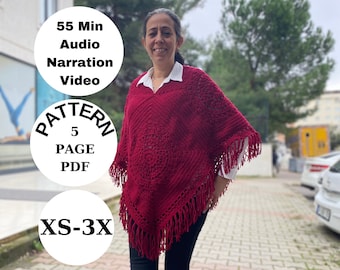 Modèle de poncho au crochet, poncho femme PDF, modèle PDF vidéo de narration vocale, poncho à glands de style Boho PDF, modèle de pull léger,