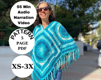 Modèle de poncho au crochet, PDF de poncho pour femme, modèle PDF de vidéo de narration vocale, PDF de poncho à pampilles de style bohème, modèle de pull léger,