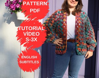 Hexagon Cardigan Crochet Pattern PDF | Granny Square Cardigan | Chunky Crochet Sweater | S-3XL | Video Tutorial | Instant Download