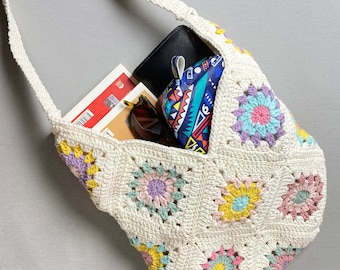 Crochet shoulder bag, Granny square bag, Gift For Birthday, Bohemian style purse, Sunflower vintage bag, Afghan Bag, Gift for Woman purse
