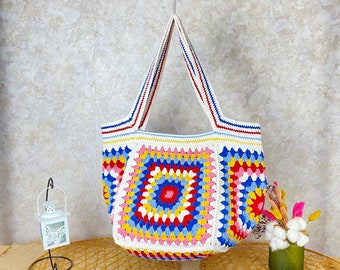 Handmade Granny Square Crochet Bag, Boho Cotton Shoulder Bag, Gift For Mom