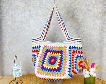 Grand-mère Sac carré, Sac à bandoulière au crochet, Sac Boho, Cadeau pour anniversaire, Sacs faits à la main, Sac à main au crochet, Sac afghan, Sac de style vintage, Grand sac