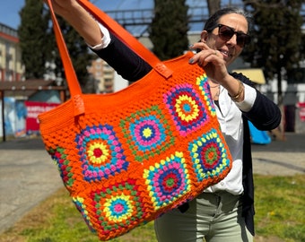 Crochet Large Bag, Gift for mom, Granny Square Bag, Afghan Tote Bag, Gift for her, Woman purse, Crochet Tote Shoulder Bag, Daily Used Bag