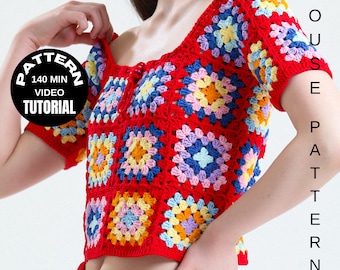 Crochet Granny Square Summer Blouse Pattern, Video Tutorial (PDF Pattern)