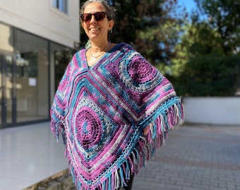 Crochet Ponchos, Oversize sweater, Lightweight Sweater, Winter Women's Crochet Sweater, Boho Poncho, Gift For Her, Hand Knit Tasseled Poncho