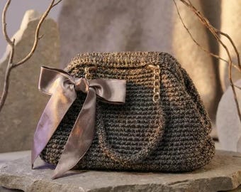 Boho Crochet Handbag With Satin Bow, Textured Yarn Artisan Purse