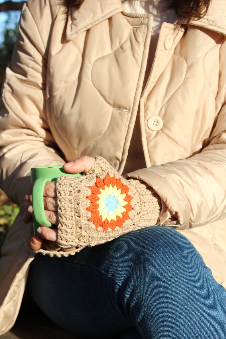 Crochet Winter Accesory, Knitted Beanie and Gloves, Gift For Woman, Granny Square Beanie Set, Handmade Crochet Accessory, Multicolor collar image 2