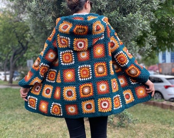 Gehäkelte Strickjacke, Frauenpullover, Damenmantel, Winter grobstrick Strickjacke, afghanischer Muster-Strickjacke. Boho Style Pullover, Design Pullover