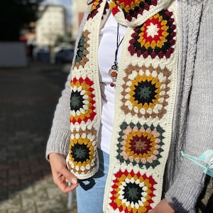 Crochet Granny Square Scarf, Blanket Scarf, boho Scarves, Crochet shawl, Gift for her, Vintage Style, Hippie, Cream Scarves, Winter Scarf