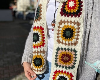 Crochet Granny Square Scarf, Blanket Scarf, boho Scarves, Crochet shawl, Gift for her, Vintage Style, Hippie, Cream Scarves, Winter Scarf