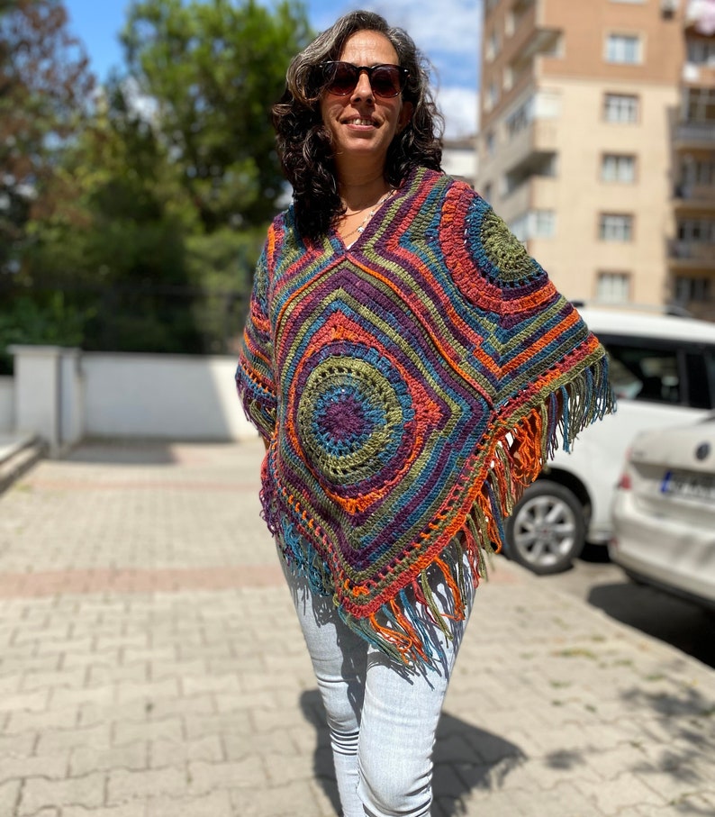 Crochet Ponchos, Oversize sweater, Lightweight Sweater, Winter Women's Crochet Sweater, Boho Poncho, Gift For Her, Hand Knit Tasseled Poncho image 1