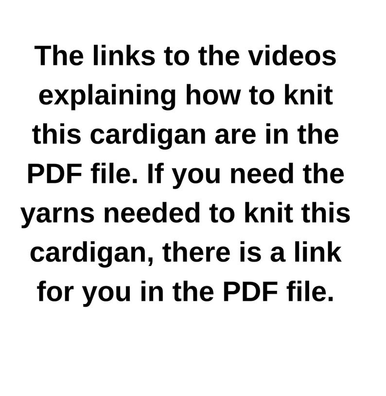 May include: Text explaining that links to videos explaining how to knit a cardigan are in a PDF file. The PDF file also contains a link to the yarns needed to knit the cardigan.