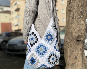 Crochet shoulder bag, Granny square bag, Bohemian style purse, Gift for friend, Sunflower vintage bag, colourful fashion woman purse, Gift
